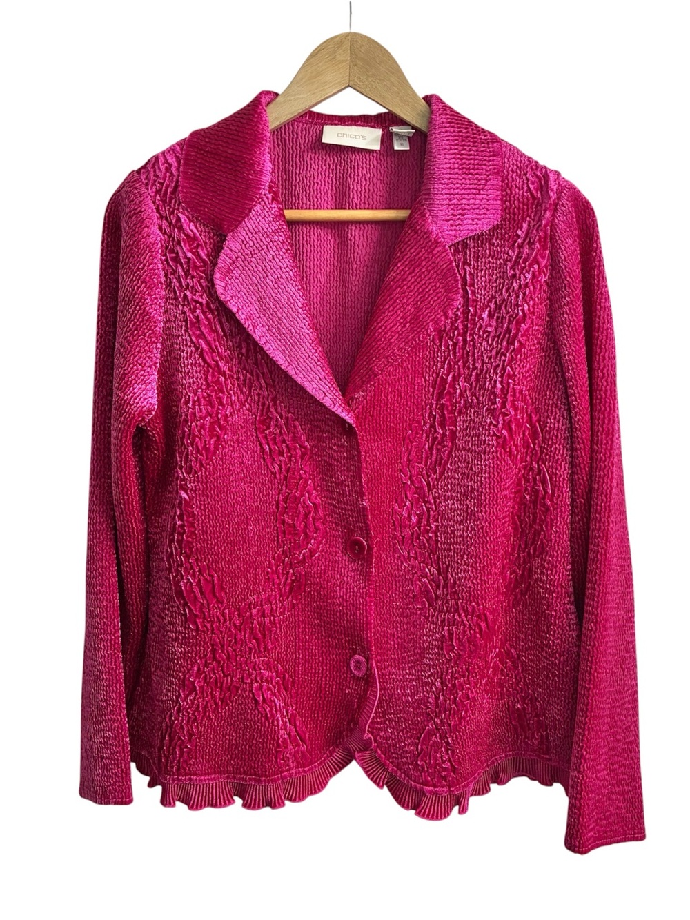 Chico’s 2 (Large) Fuschia Pink Blazer Jacket Crinkle Ruffle Boho